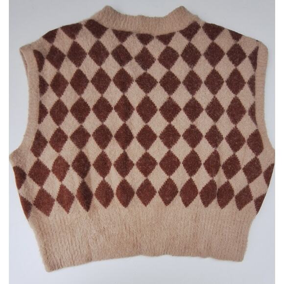 Sincerely Jules Fuzzy V neck Argyle Sweater Vest Brown Tan Size M Academia - Picture 3 of 8